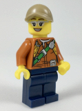 LEGO col308 City Jungle Explorer Female - Dark Orange Shirt with Green Strap, Dark Blue Legs, Silver Glasses, Dark Tan Cap with Hole