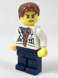 LEGO col309 City Jungle Scientist - White Lab Coat with Test Tubes, Dark Blue Legs, Reddish Brown Parted Hair, Scowl