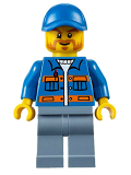 LEGO cty0610 Blue Jacket with Pockets and Orange Stripes, Sand Blue Legs, Blue Short Bill Cap, Beard