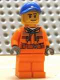 LEGO cty0674 Tow Truck Driver - Orange Chest Pocket Zippers, Belt over Dark Gray Hoodie, Orange Legs, Blue Cap with Hole
