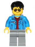 LEGO cty0747 Blue Jacket over Dark Red V-Neck Sweater, Dark Bluish Gray Legs, Black Short Tousled Hair, Silver Sunglasses