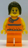LEGO hol015 Orange Halter Top with Medium Blue Trim and Flowers Pattern, Orange Legs, Dark Brown Hair Ponytail Long with Side Bangs