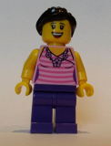 LEGO twn288 Female, Dark Pink Striped Top, Dark Purple Legs, Dark Brown Hair Ponytail and Swept Sideways Fringe (40256)